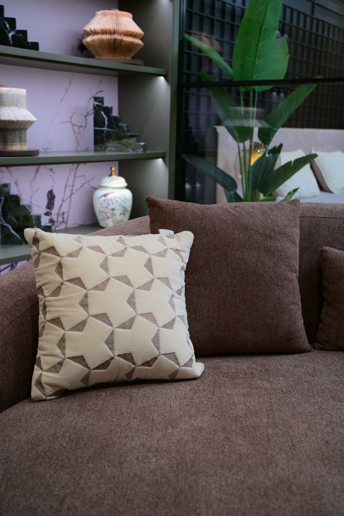 Spire Ivory and Brown Velvet Cushion Cover