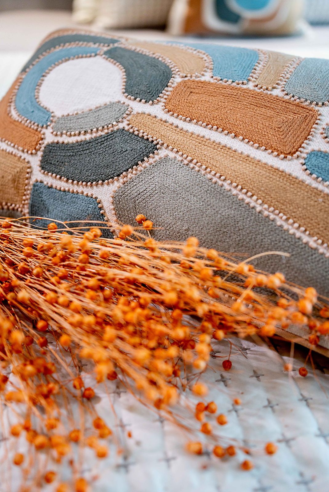 AMBER HAND EMBROIDED LUMBAR CUSHION COVER